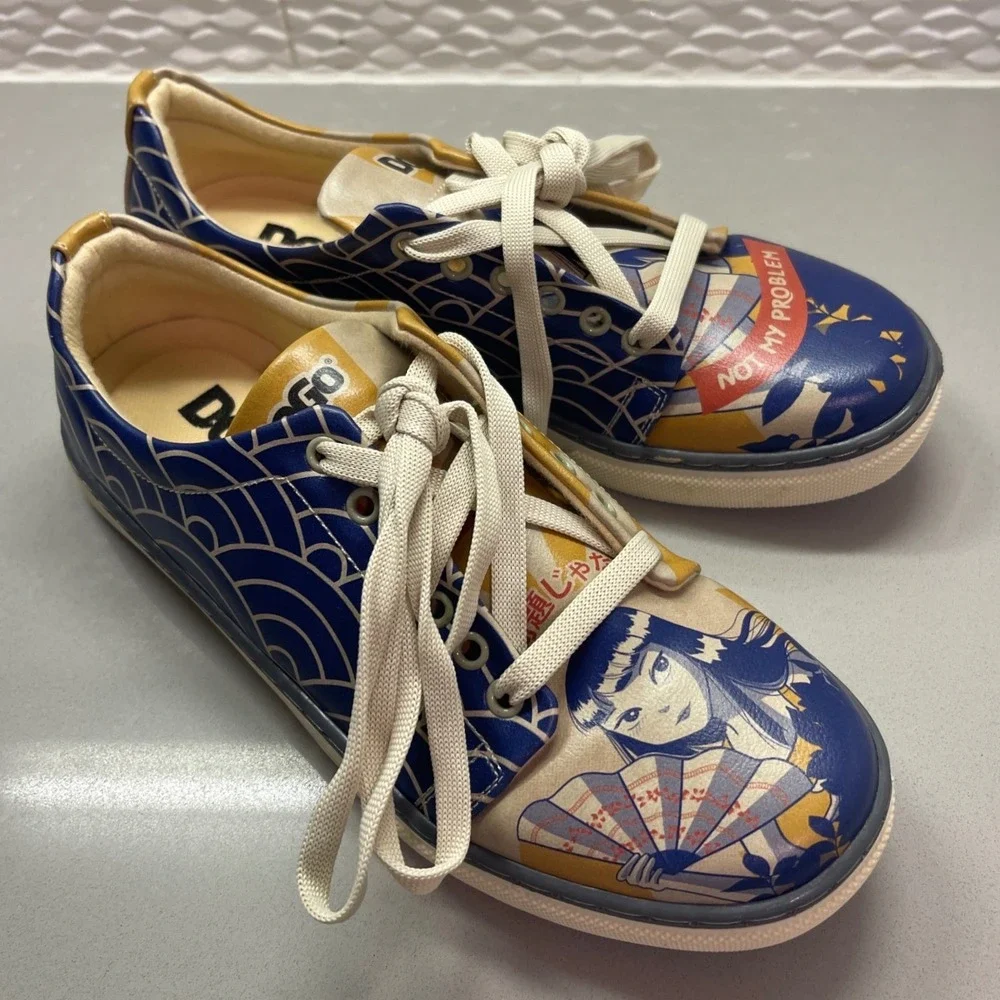 DOGO Not My Problem Anime Graphic Sneakers Blue Yellow Vegan Leather 6.5 - 7 NWT